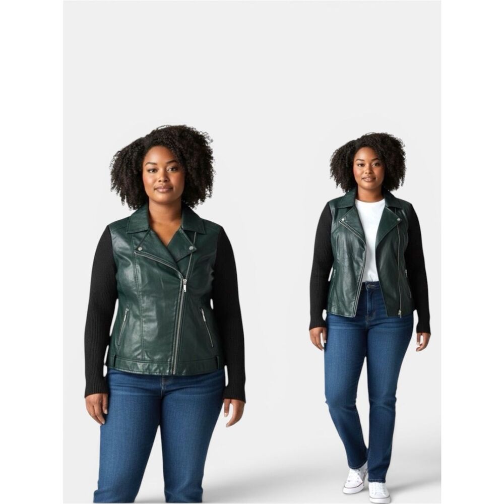NWT Linea by Louis Dell'Olio Green  Leather Moto Jacket Knit Details 22W Vtg